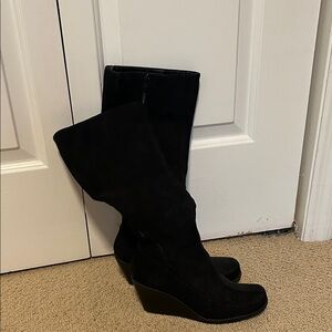 Black Wedge Knee-High Boots